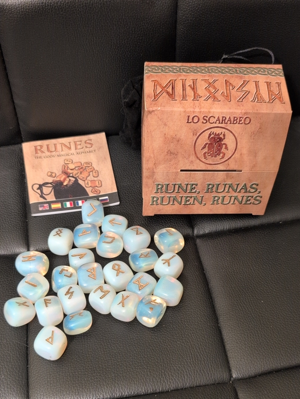 NWOT Moonstone Rune Set with Gold Inscriptions